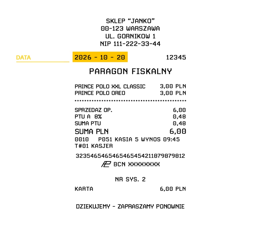 Paragon fiskalny z zaznaczoną datą zakupu