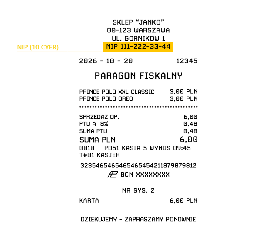 Paragon fiskalny z zaznaczonym numerem NIP punktu sprzedaży