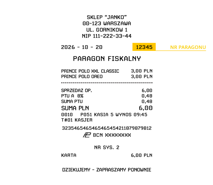 Paragon fiskalny z zaznaczonym numerem paragonu